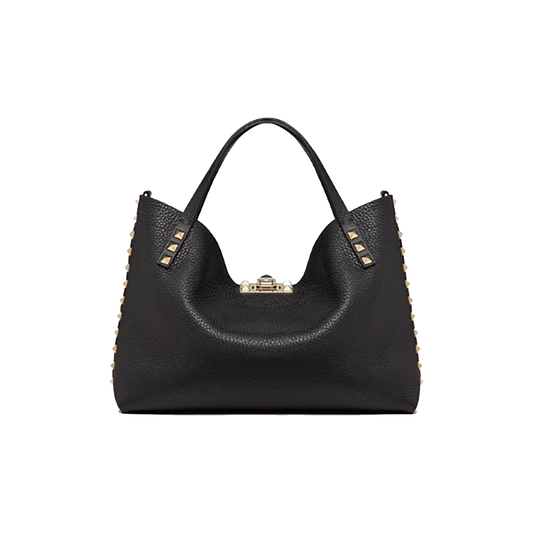 VALENTINO MEDIUM ROCKSTUD GRAINY CALFSKIN BAG WITH CONTRASTING LINING IN BLACK