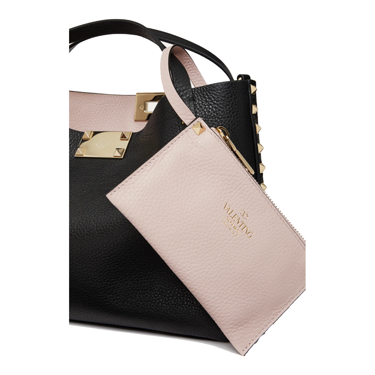 VALENTINO MEDIUM ROCKSTUD GRAINY CALFSKIN BAG WITH CONTRASTING LINING IN BLACK