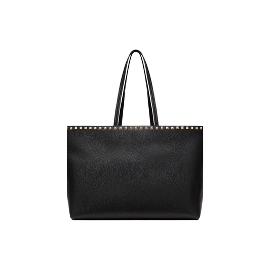 VALENTINO LARGE GRAIN CALFSKIN LEATHER ROCKSTUD SHOPPING BAG IN BLACK