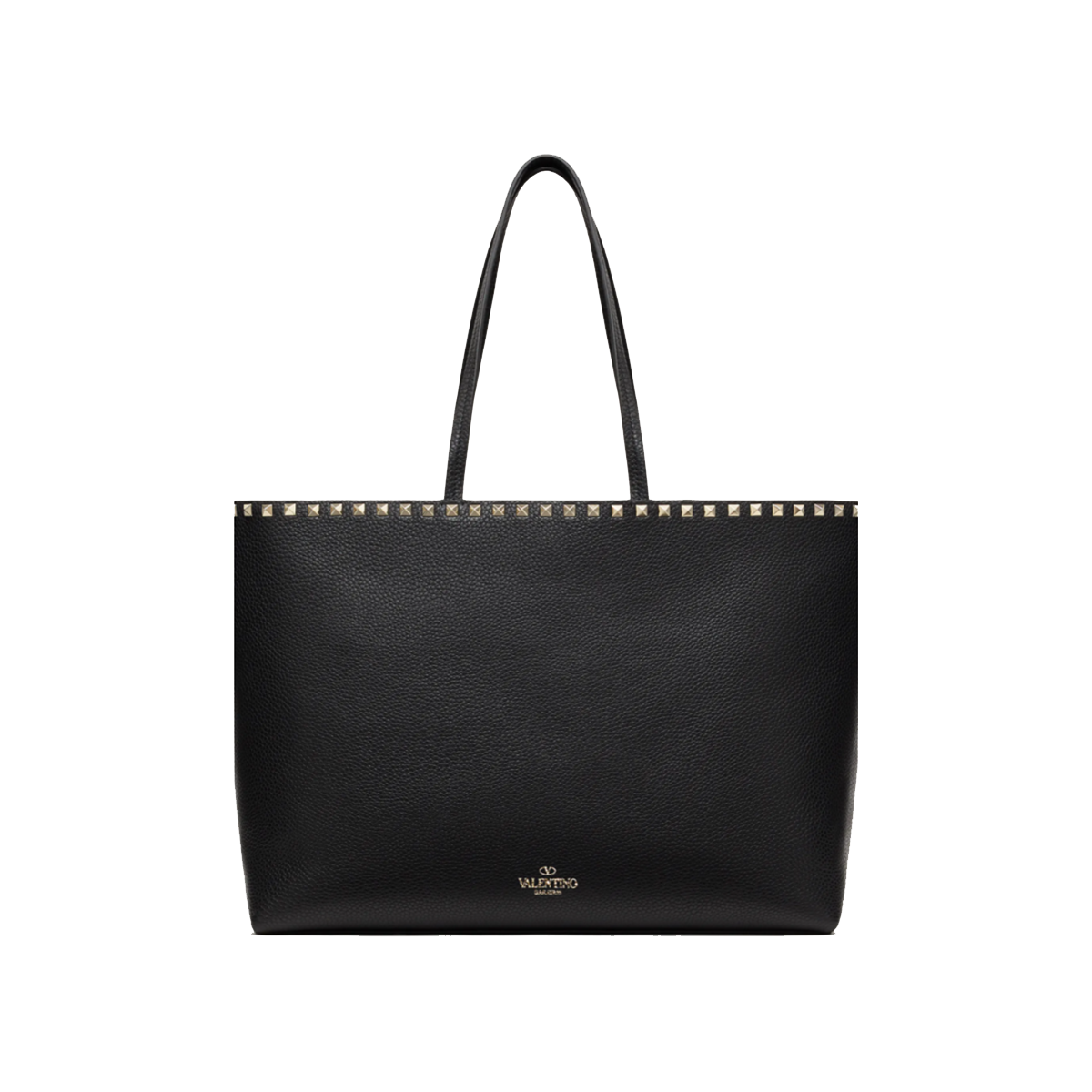 VALENTINO LARGE GRAIN CALFSKIN LEATHER ROCKSTUD SHOPPING BAG IN BLACK
